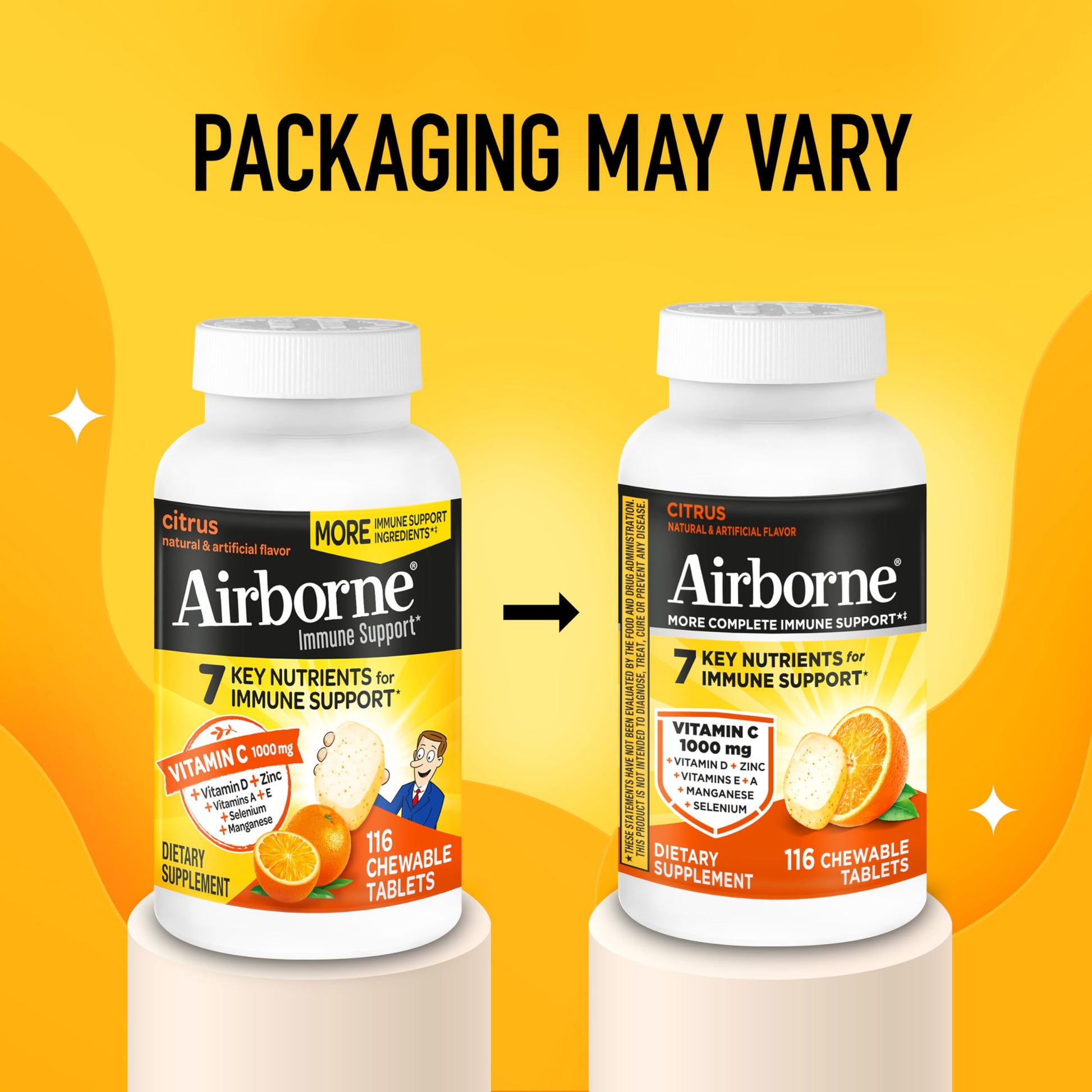 Airborne dietary supplement bottle showing 116 chewable tablets count