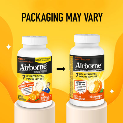 Airborne dietary supplement bottle showing 116 chewable tablets count