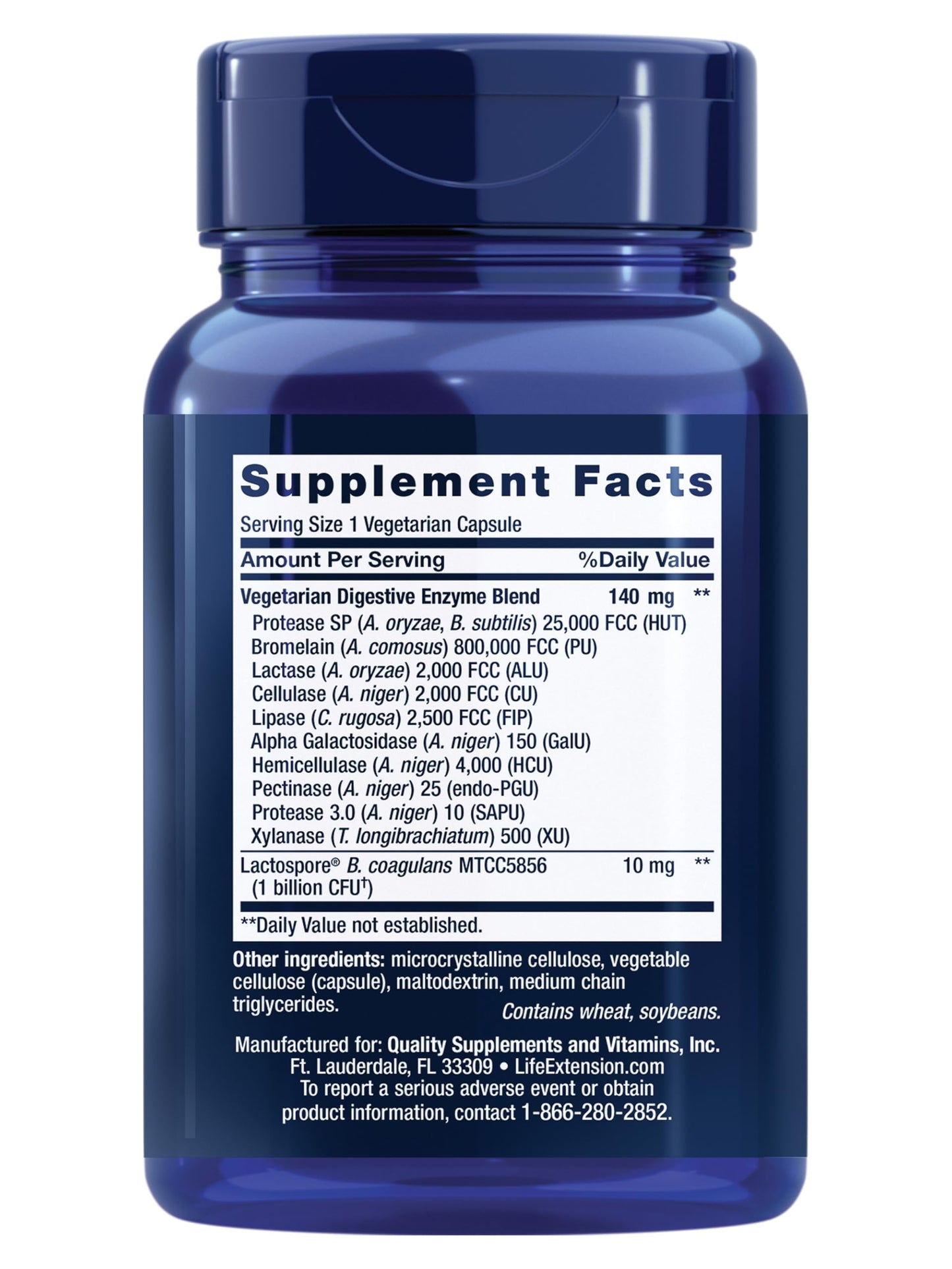 Life Extension digestive enzyme capsules supplement facts label detailing ten broad spectrum ingredients.