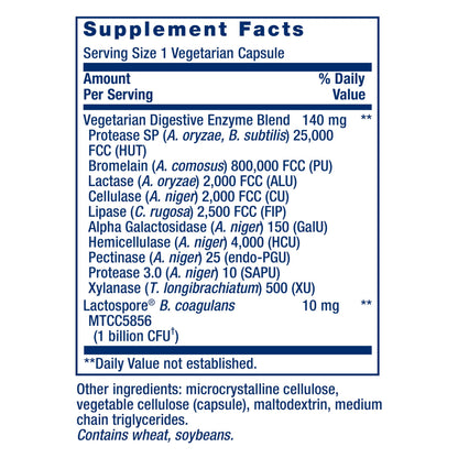 Sixty vegetarian capsules of Life Extension super digestive support showing the clear non GMO seal.