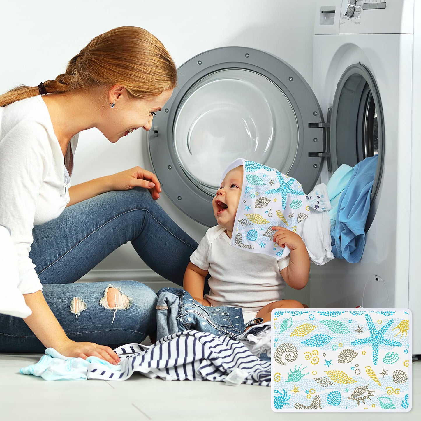 Parent using burp cloth over shoulder for baby care