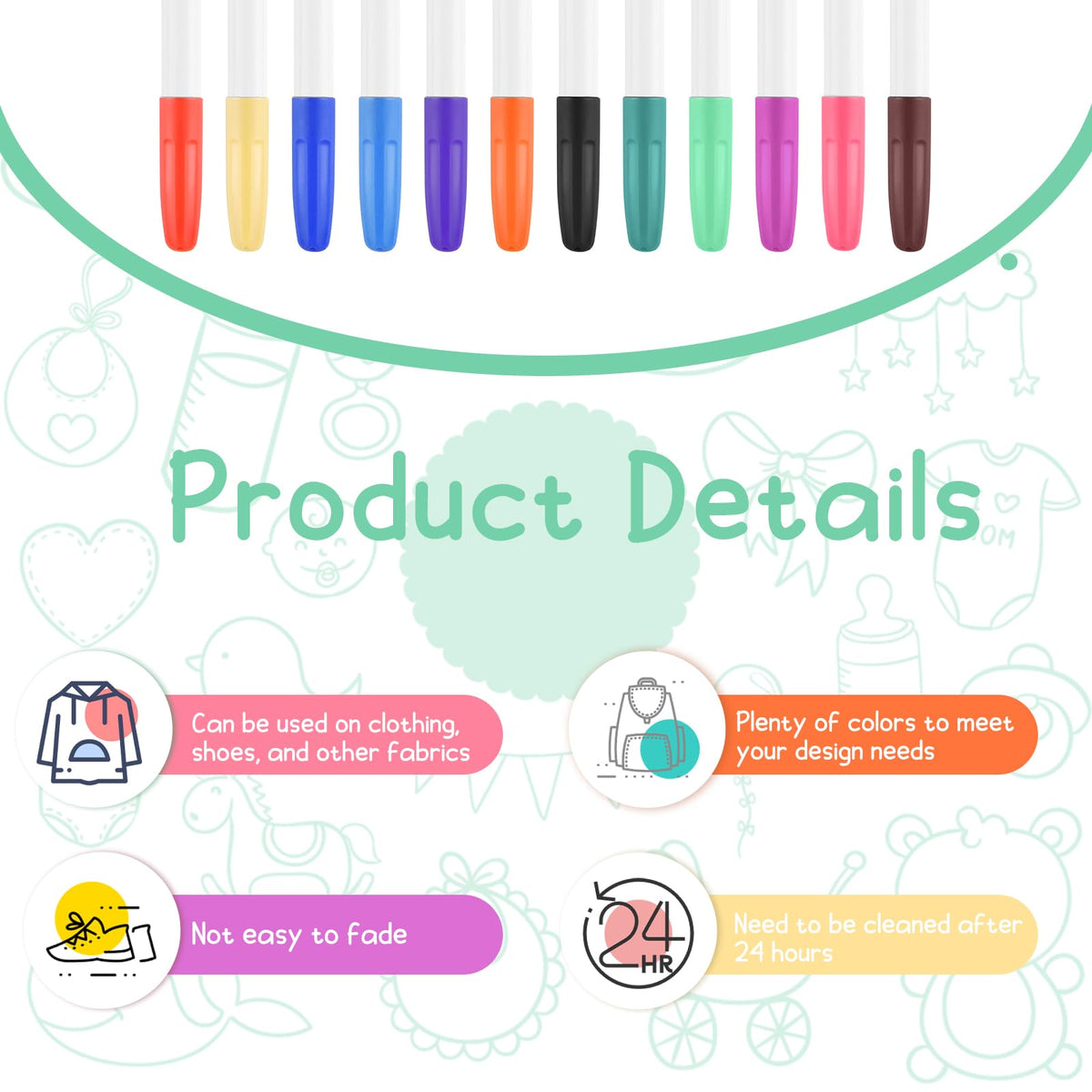 Assorted fabric markers and stencils for baby shower crafts