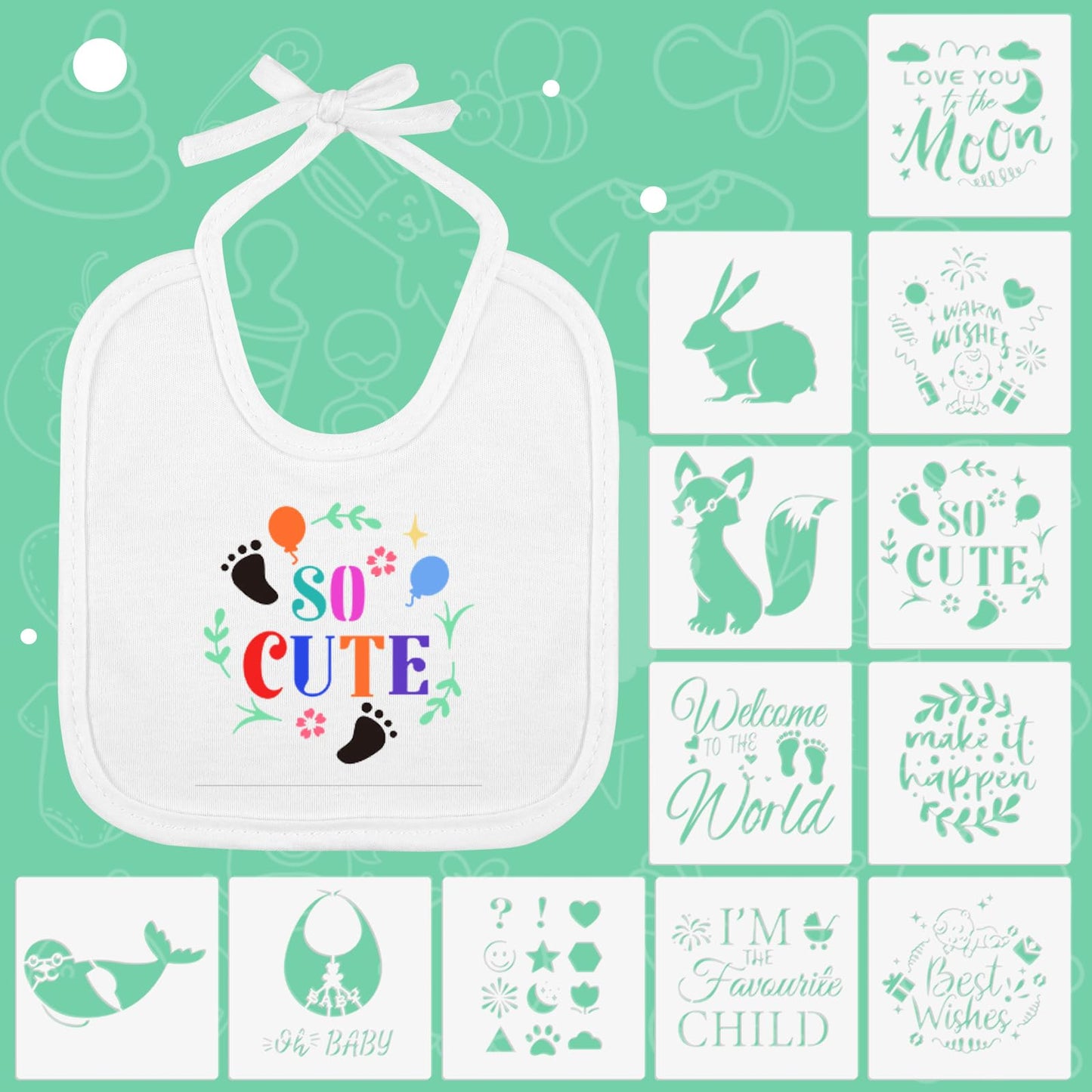 Top view of complete DIY baby bib activity set contents