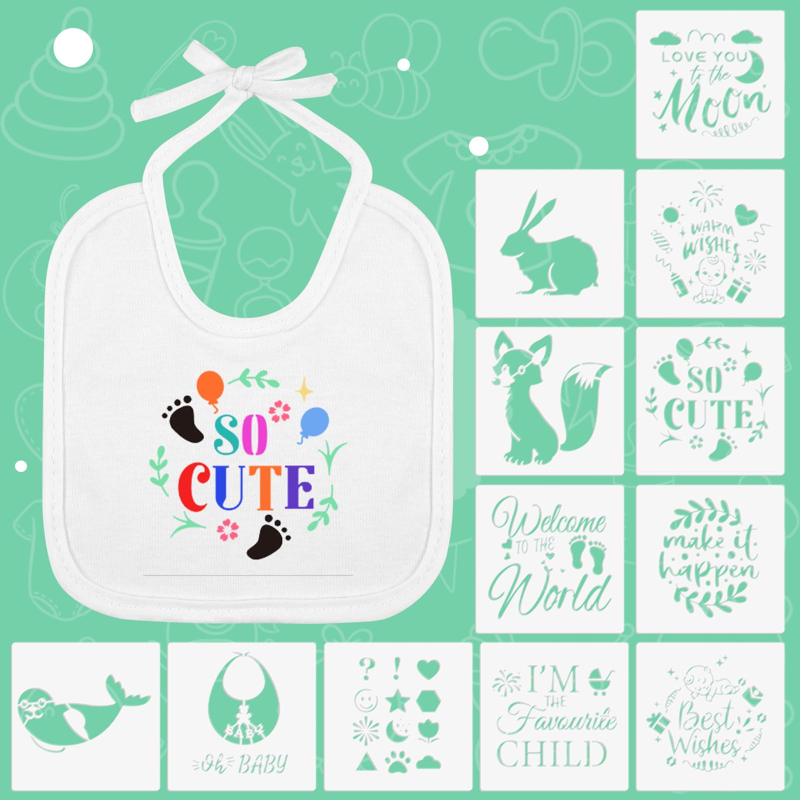 Top view of complete DIY baby bib activity set contents