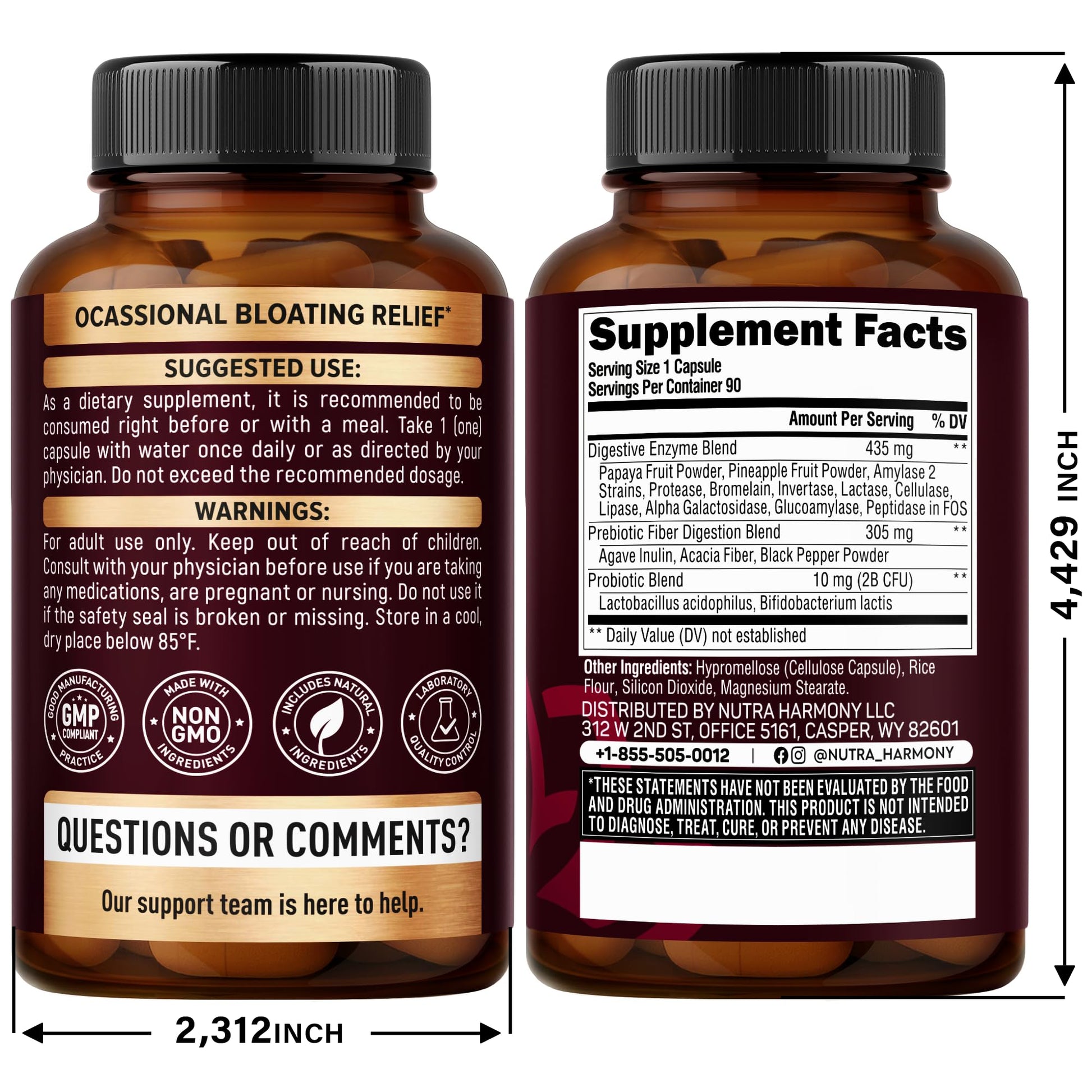 Nutraharmony 750mg digestive enzyme capsules container showing full ingredient list and directions for use