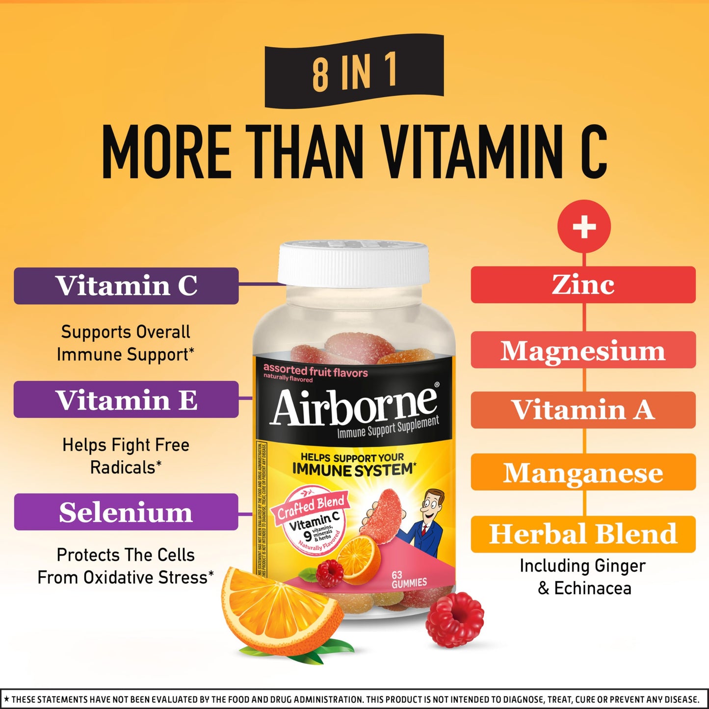 Three fruit flavored Airborne gummies displayed next to the bottle representing one daily recommended serving size
