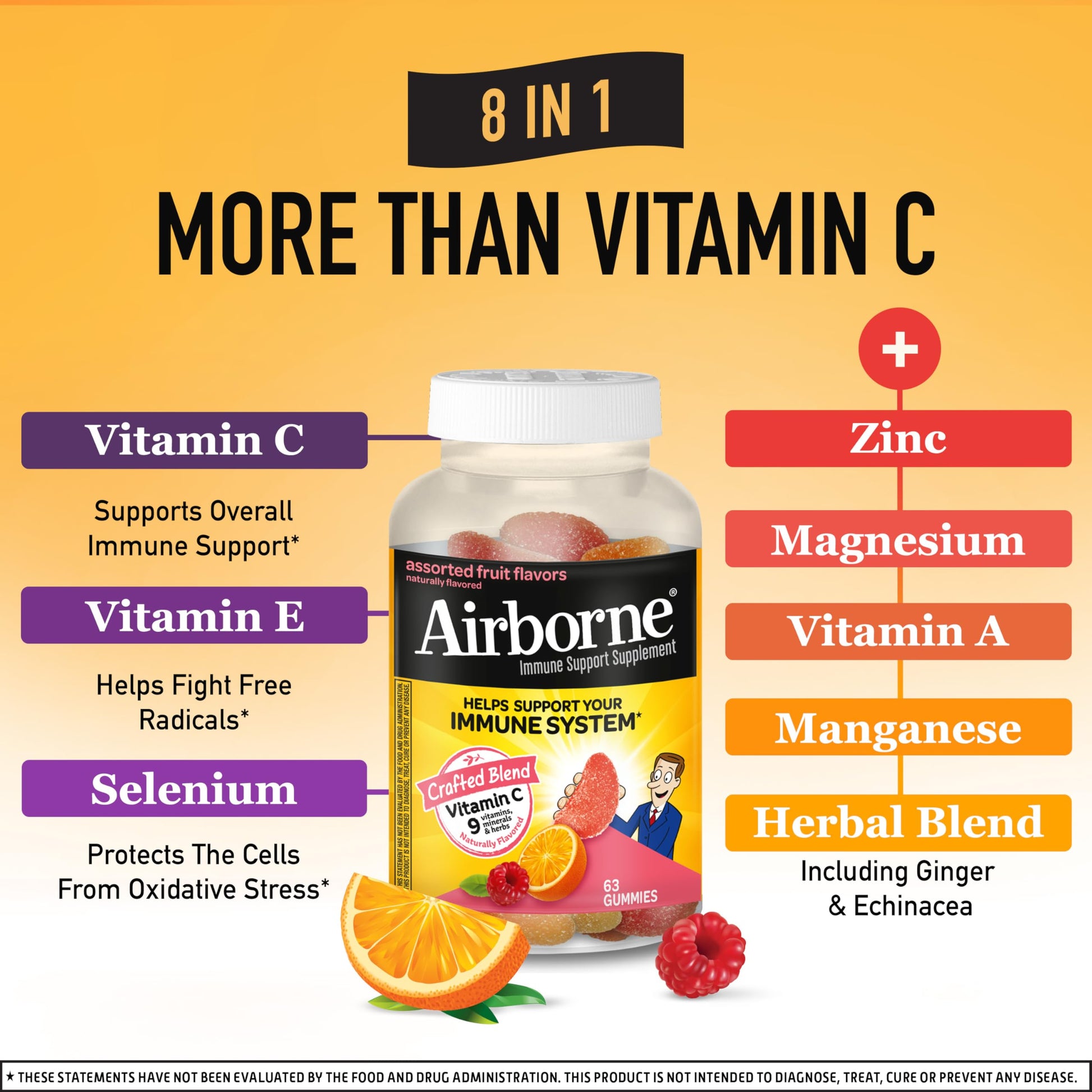 Three fruit flavored Airborne gummies displayed next to the bottle representing one daily recommended serving size
