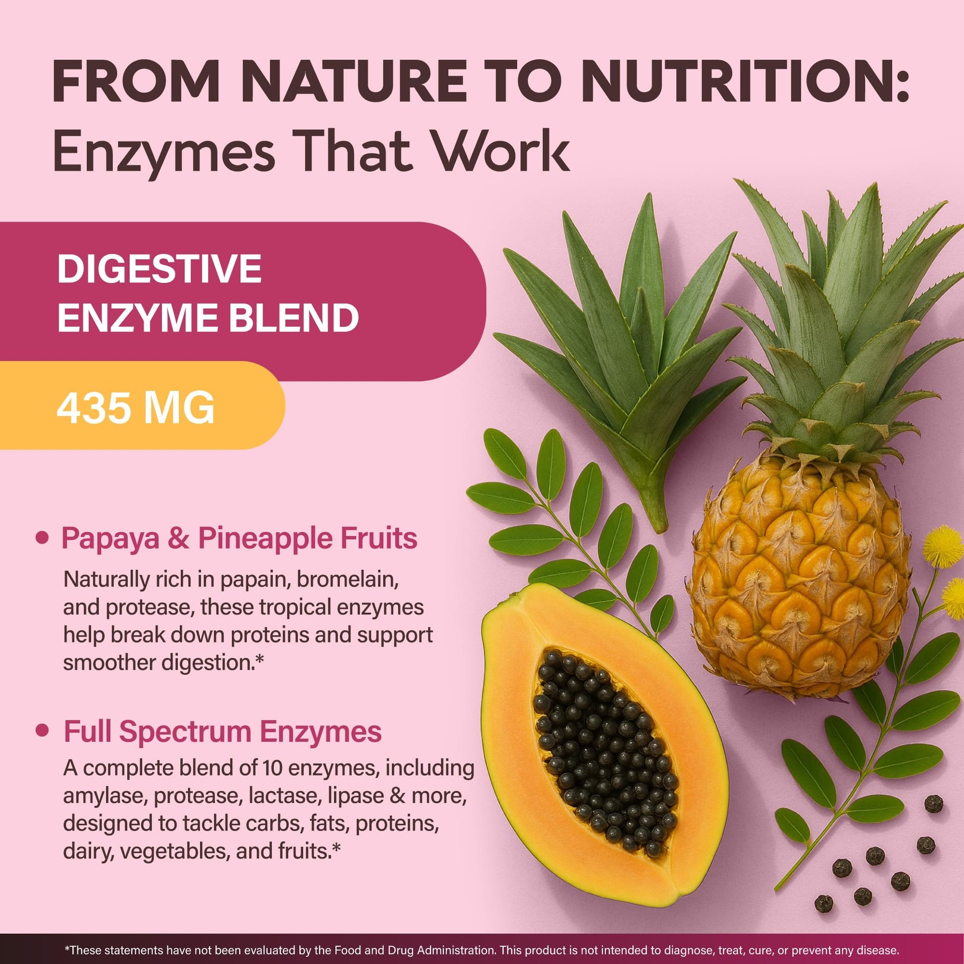Close up of the nutritional facts on Nutraharmony digestive enzyme for bloating relief packaging