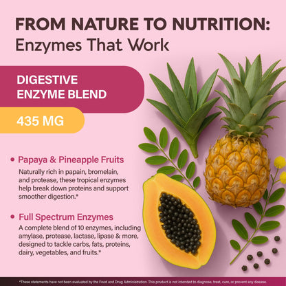 Close up of the nutritional facts on Nutraharmony digestive enzyme for bloating relief packaging