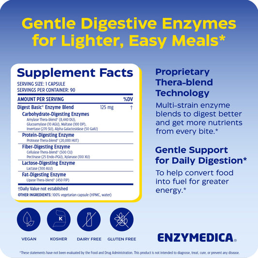 Enzymedica Digest Basic supplement facts label detailing the Thera-blend amylase, protease, lipase, and lactase ingredients.