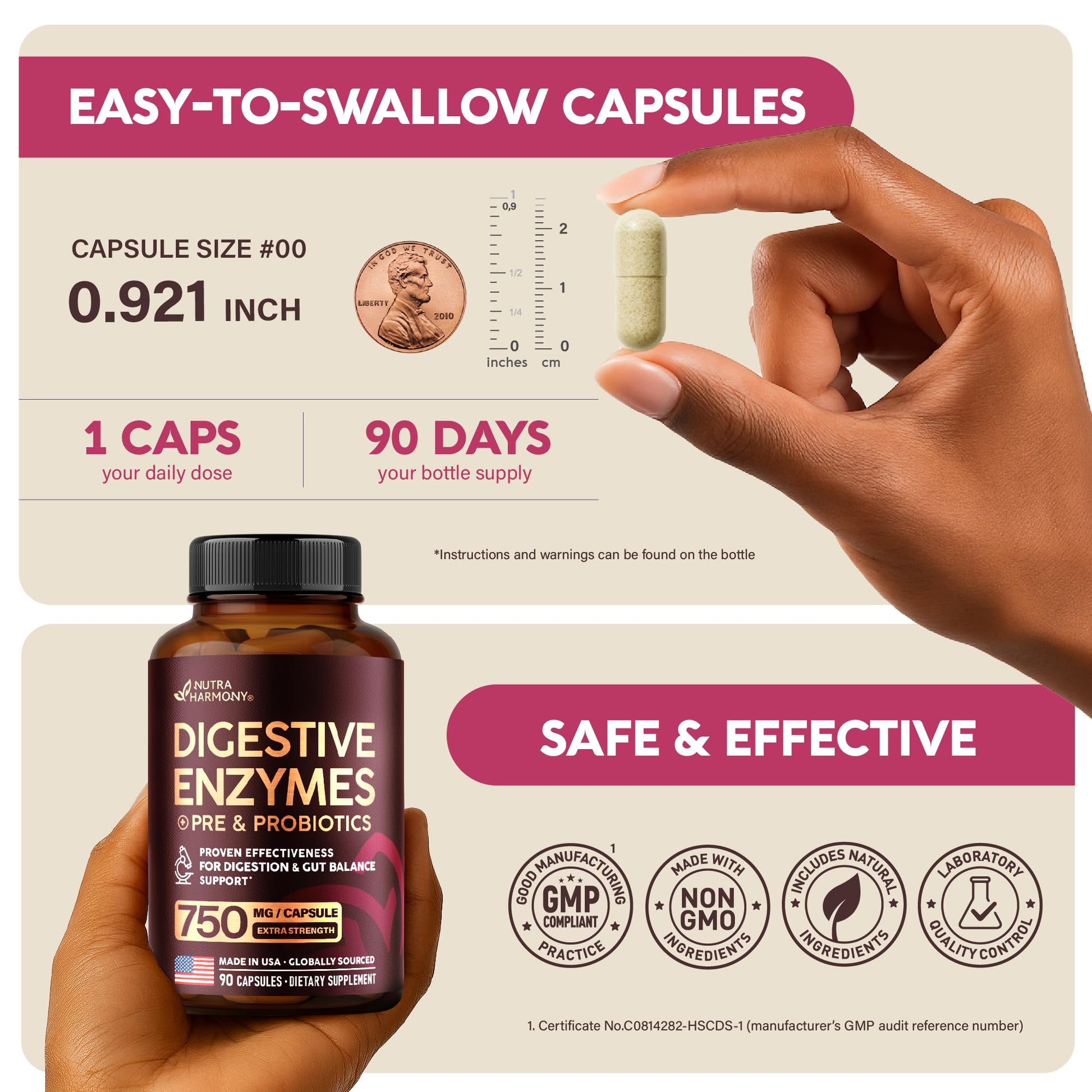 Side view of Nutraharmony digestive health capsules bottle with verified barcode details