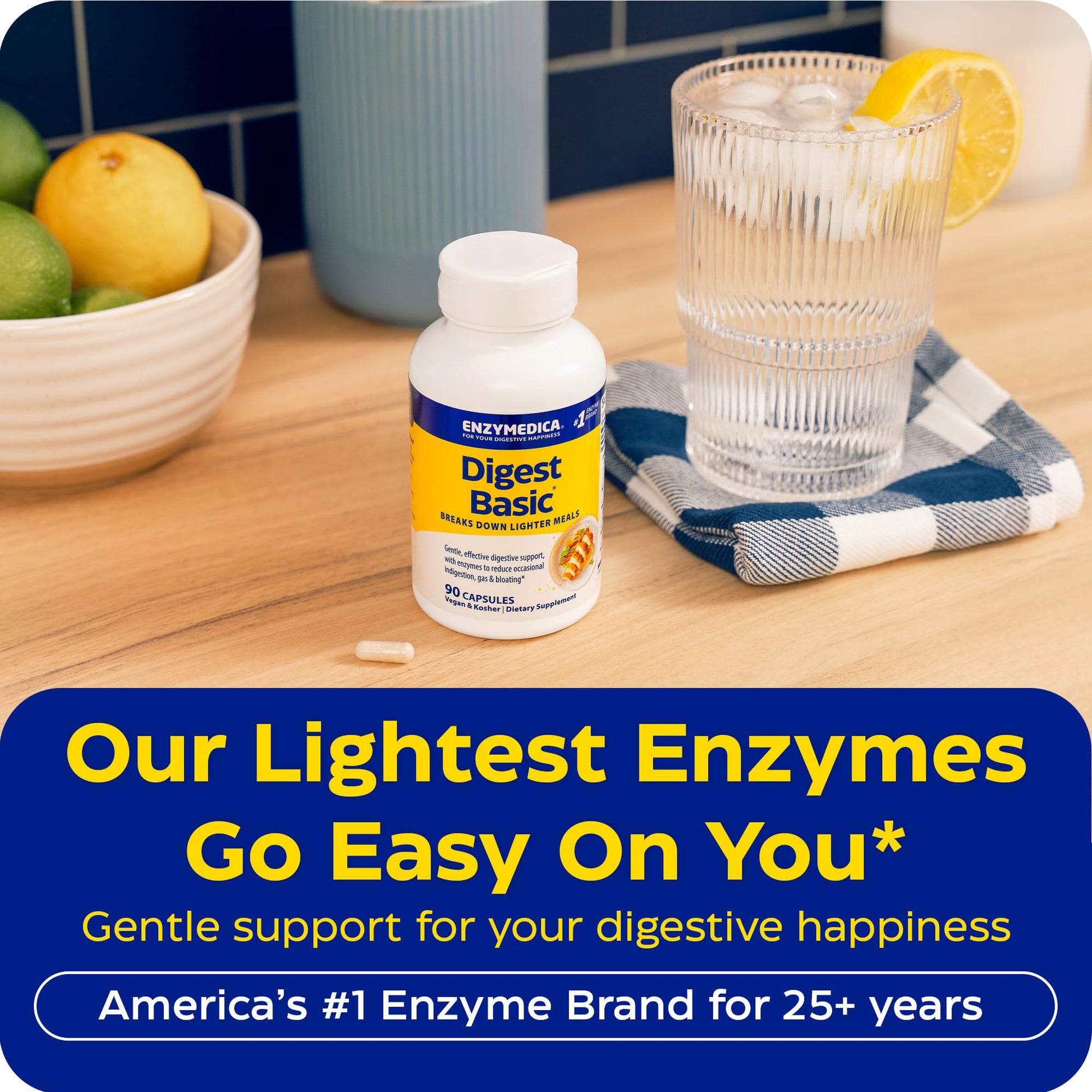Side view of Enzymedica Digest Basic 90 vegan capsules showing the premium dietary supplement packaging and clean ingredient certifications.