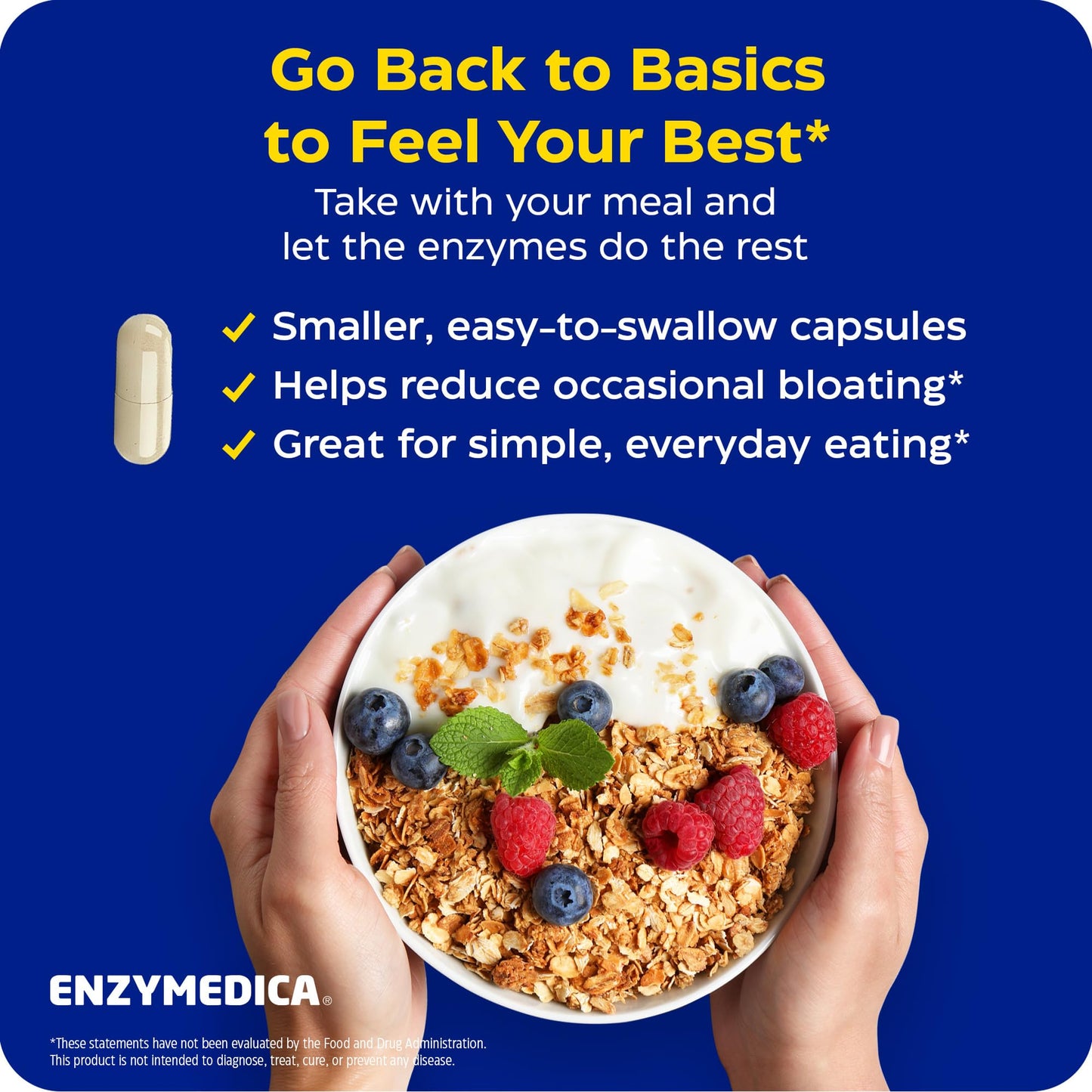 Close-up of Enzymedica Digest Basic packaging emphasizing the vegan, kosher, and gluten-free seals for sensitive digestive health.