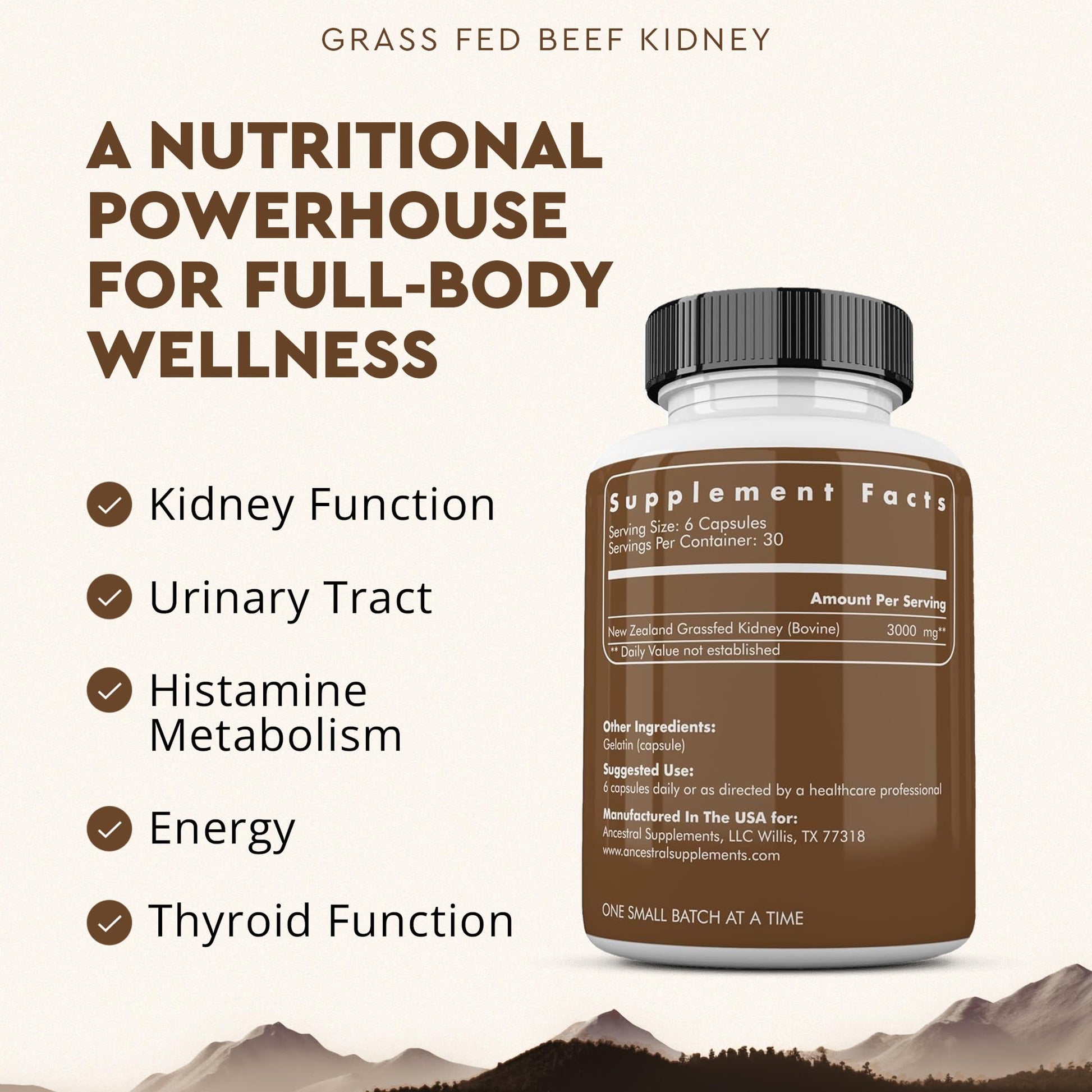 Side view of Ancestral Supplements bovine kidney supplement highlighting pure grass-fed New Zealand sourcing.