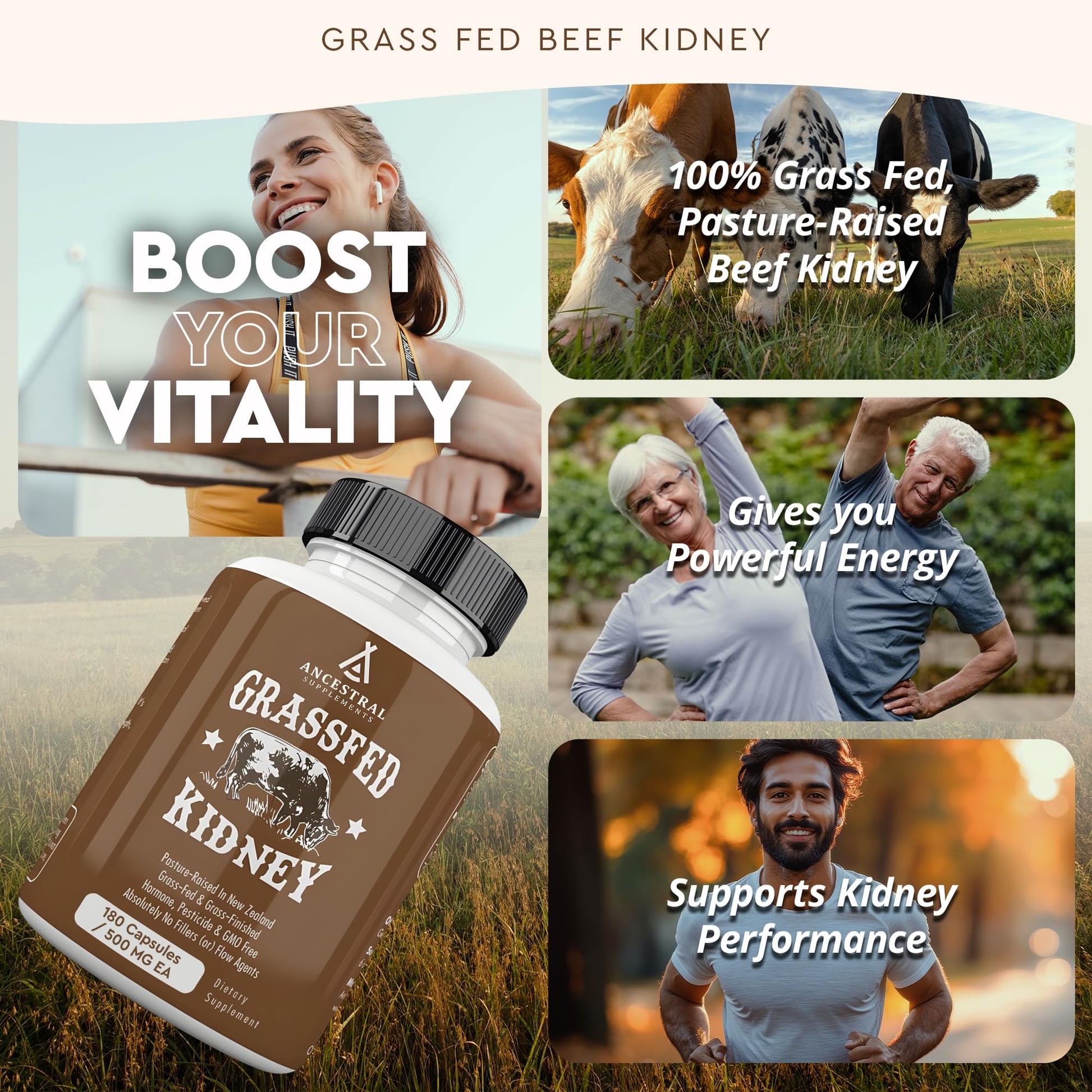 Supplement facts label on Ancestral Supplements kidney capsules bottle showing 3000 mg serving details.