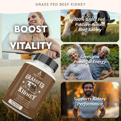 Supplement facts label on Ancestral Supplements kidney capsules bottle showing 3000 mg serving details.