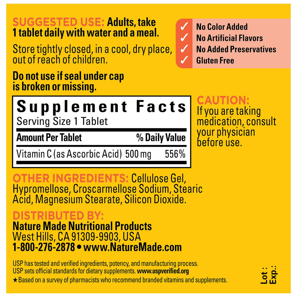 Nature Made Vitamin C 500 milligrams tablets packaging side view