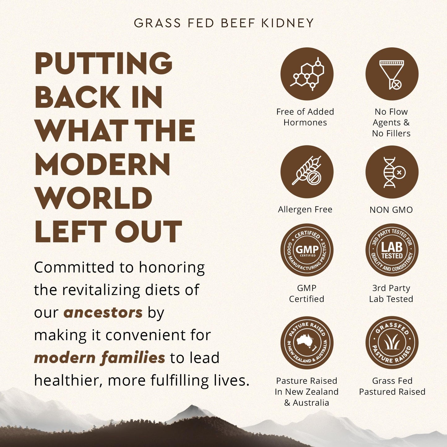 Ancestral Supplements kidney health product standing upright displaying non-gmo and hormone-free manufacturing badges.