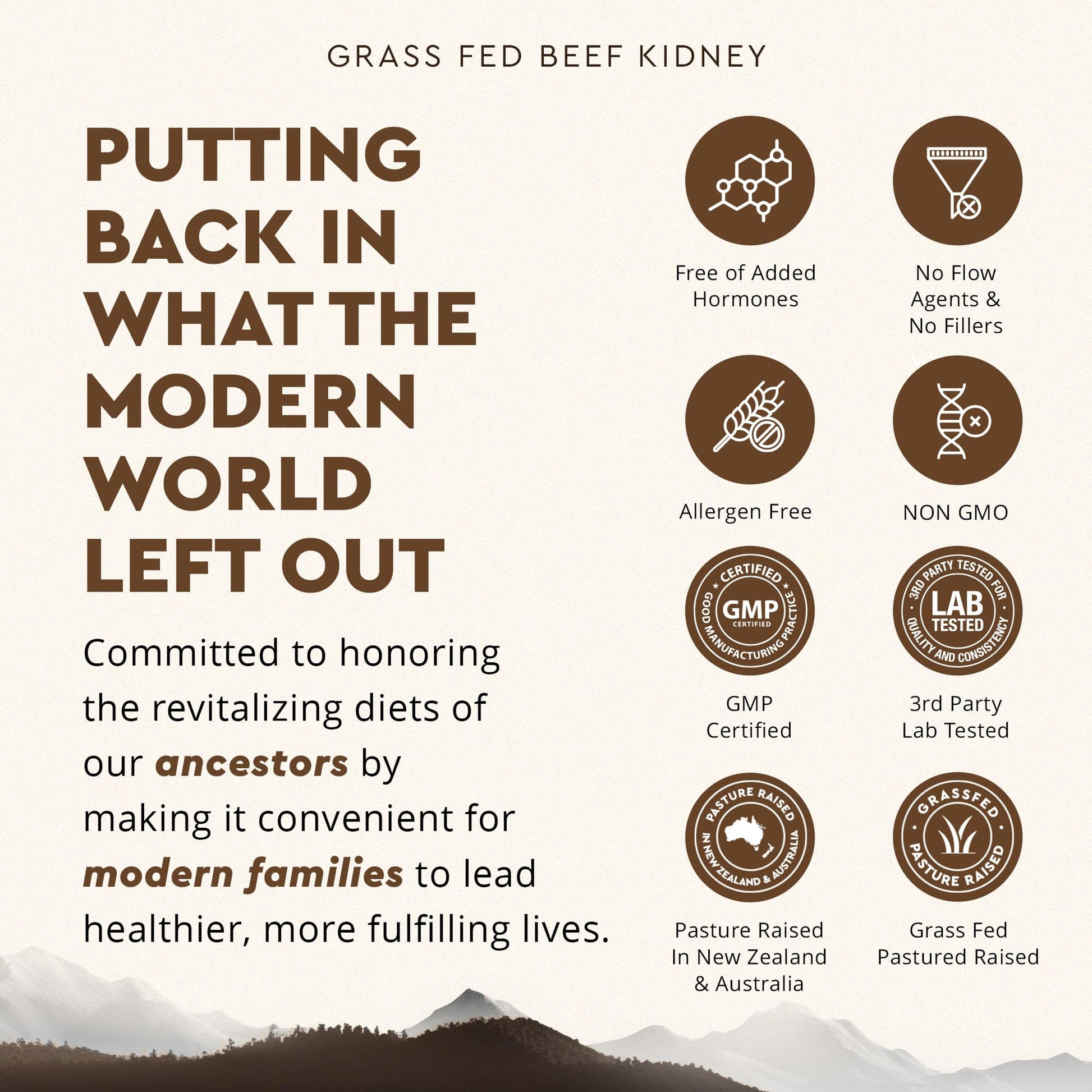 Ancestral Supplements kidney health product standing upright displaying non-gmo and hormone-free manufacturing badges.