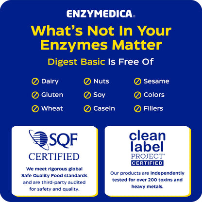 Enzymedica Digest Basic capsules resting next to the bottle highlighting its gentle approach for occasional bloating and gas relief.