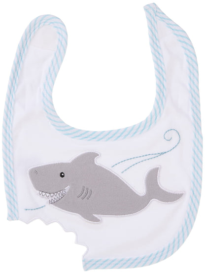 Close up of Baby Aspen shark bib with shark bite detail