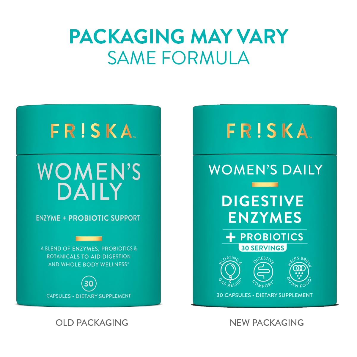 Friska women's dietary supplement bottle showing the supplement facts panel with specific enzyme and probiotic ingredients.