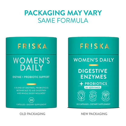 Friska women's dietary supplement bottle showing the supplement facts panel with specific enzyme and probiotic ingredients.