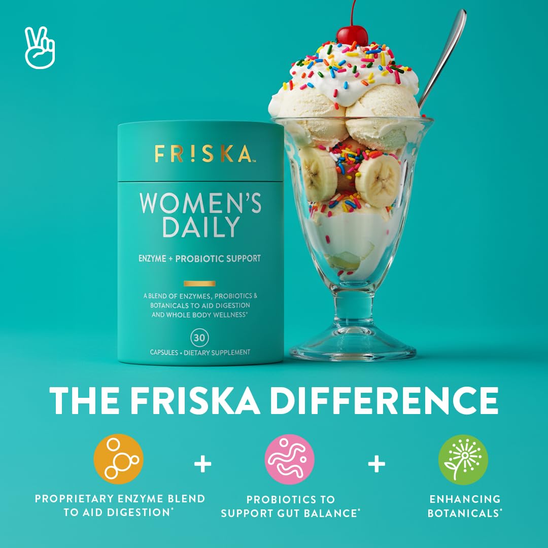 Side profile of Friska Women's Daily gut support capsules bottle highlighting clean plant-based and gluten-free certifications.