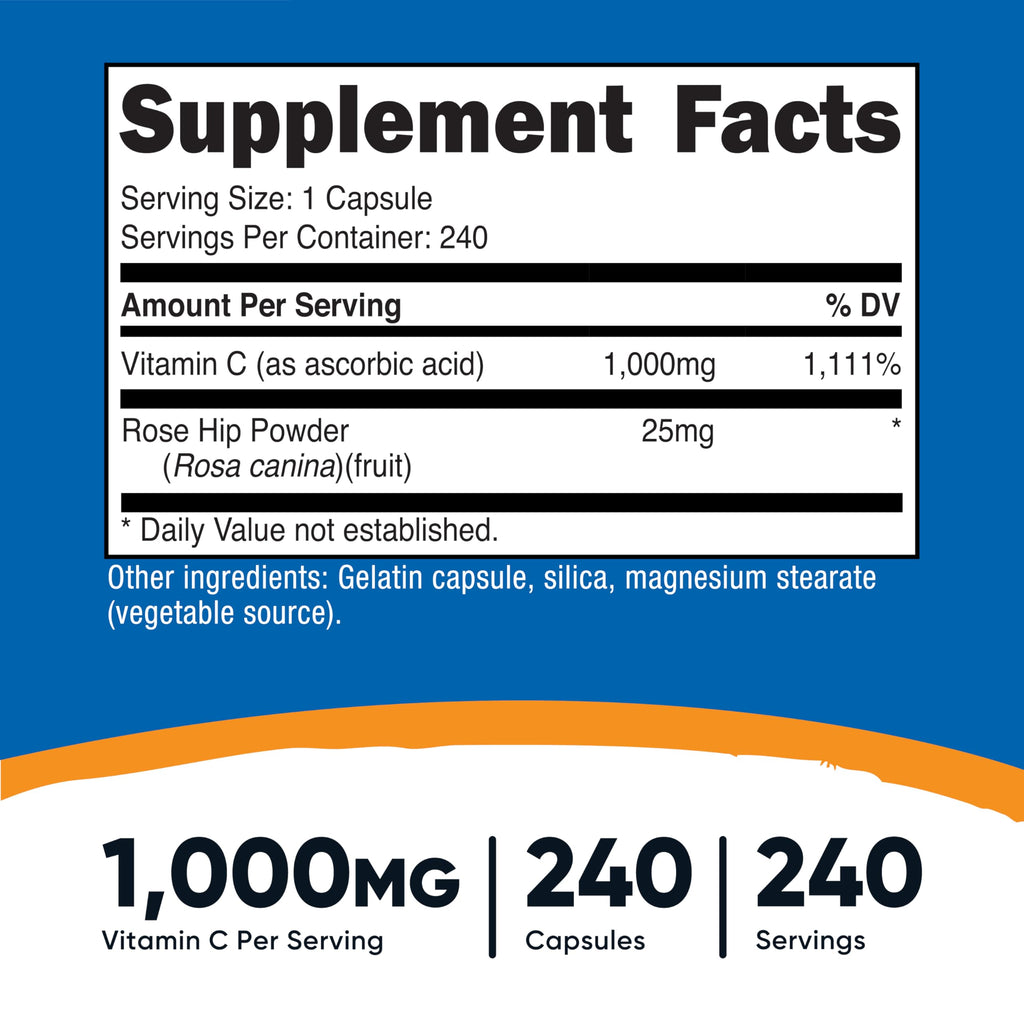 Nutricost Vitamin C Supplement 240 capsules label details