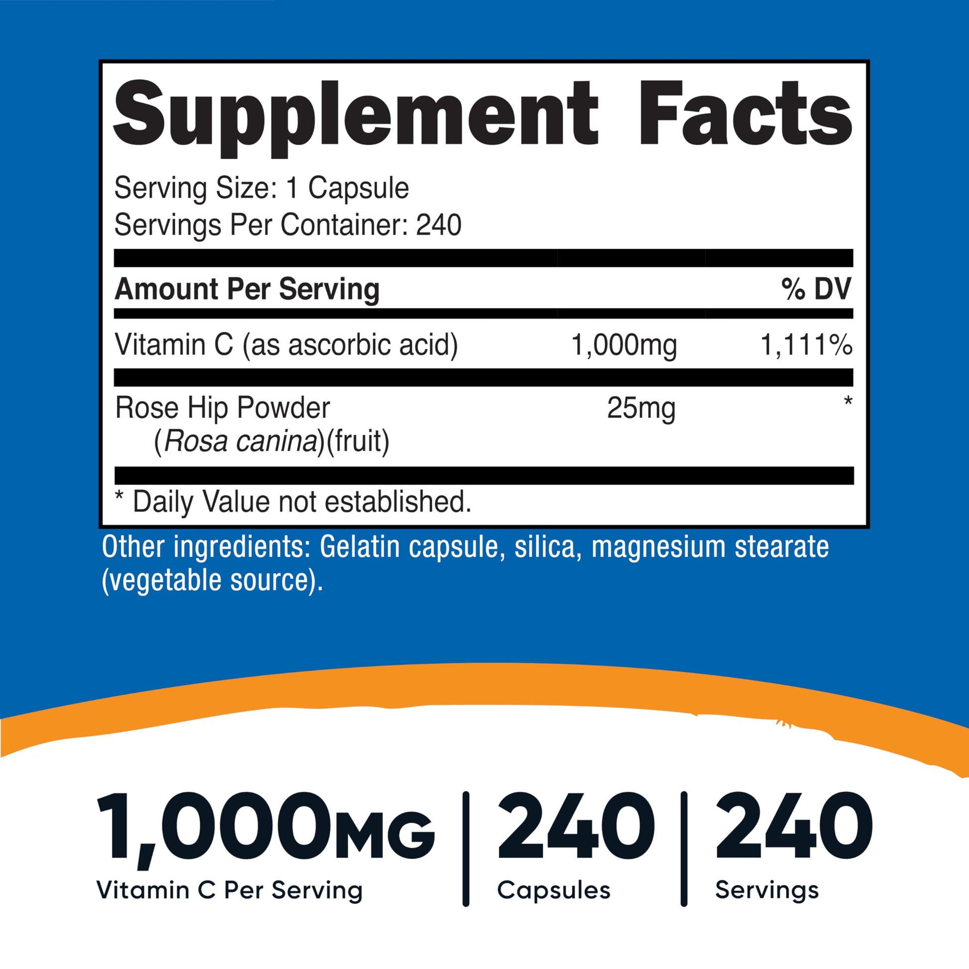 Nutricost Vitamin C high potency antioxidant supplement supplement facts panel detailing ingredients