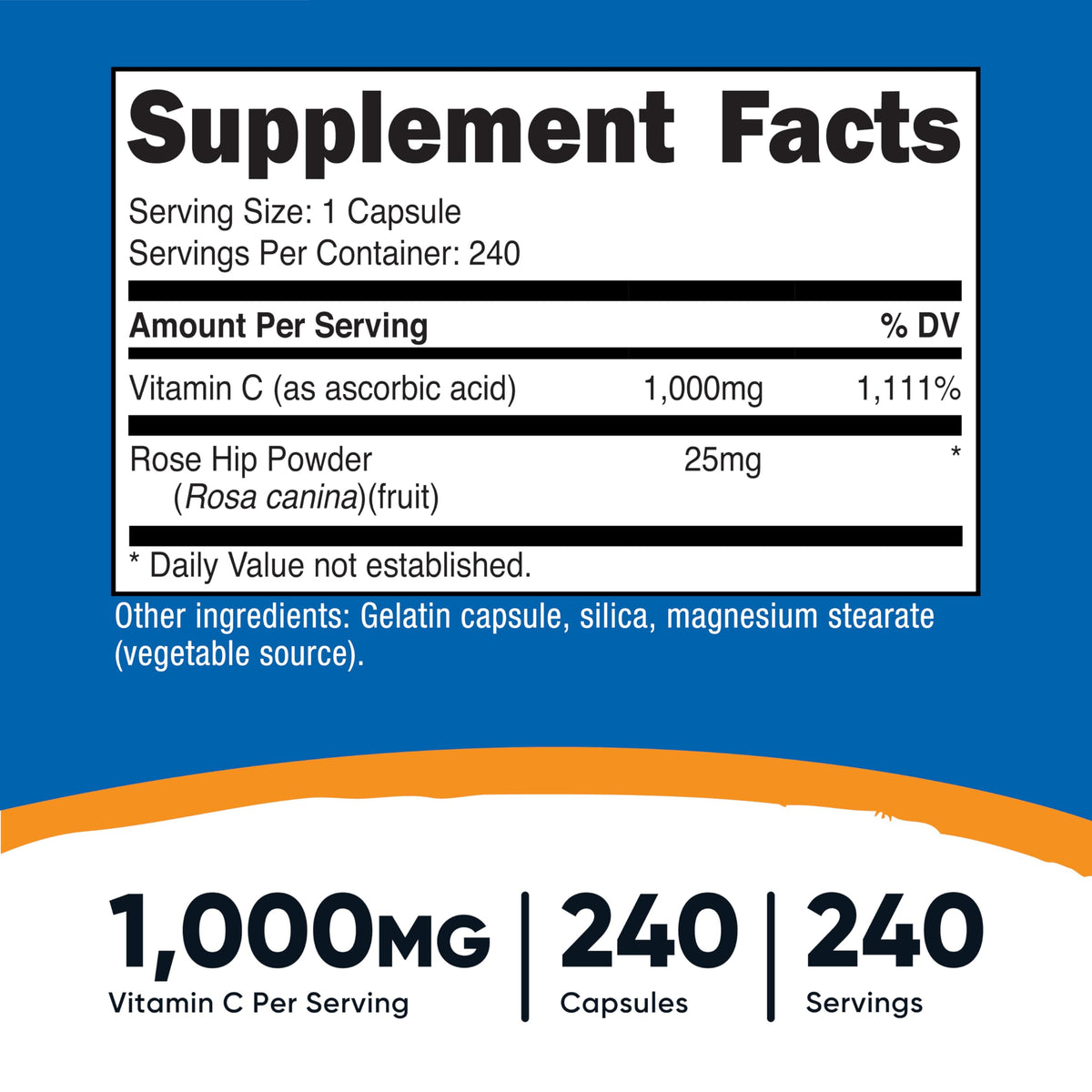 Nutricost Vitamin C Supplement 240 capsules label details