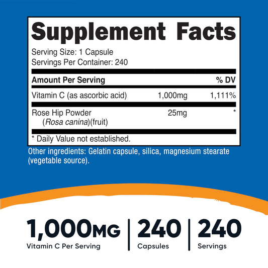 Nutricost Vitamin C high potency antioxidant supplement supplement facts panel detailing ingredients