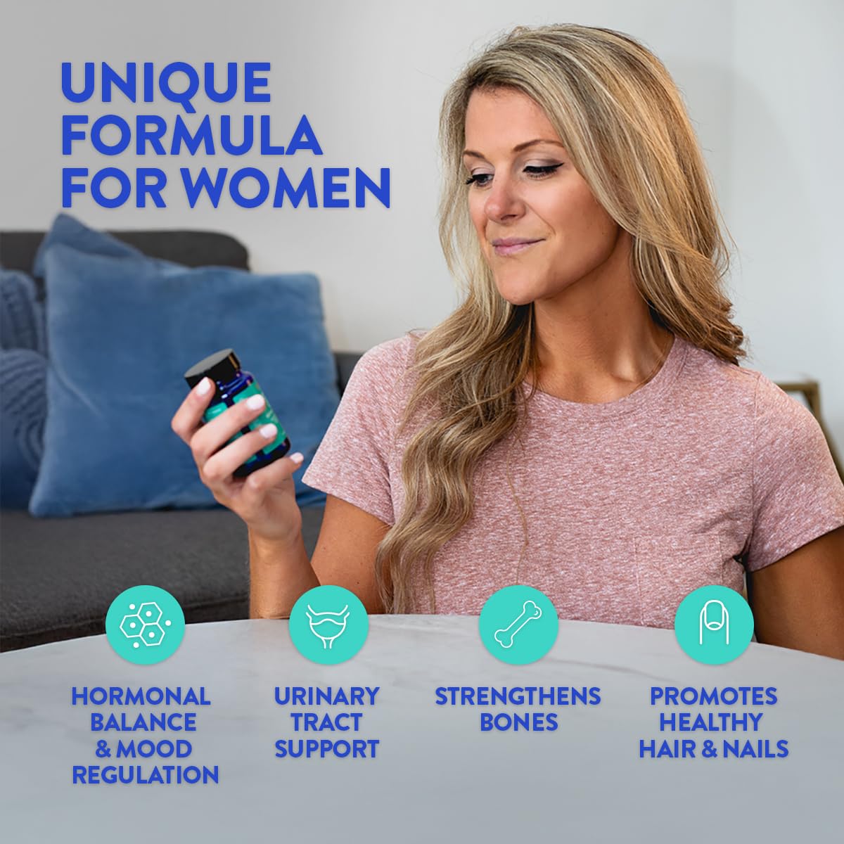 Friska female wellness supplement bottle showing direct dosage instructions and storage information.