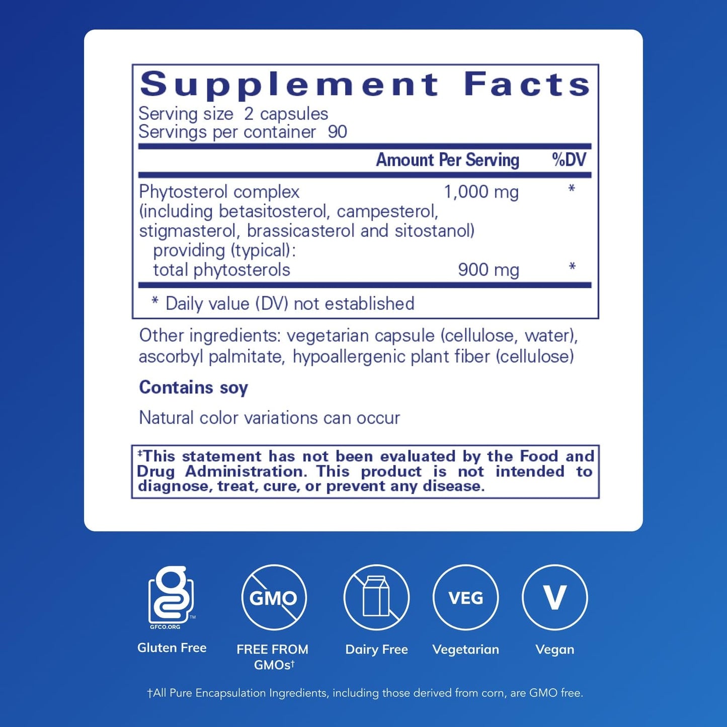 Pure Encapsulations CholestePure supplement facts label showing phytosterol complex ingredients list