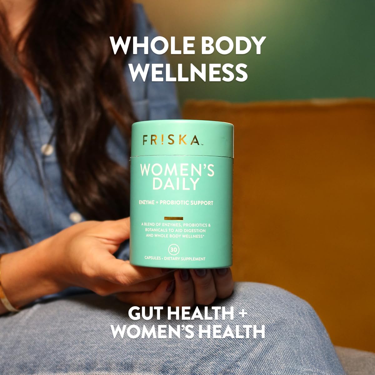 Friska anti-bloating digestive capsules container showing the tamper-evident seal and batch details.