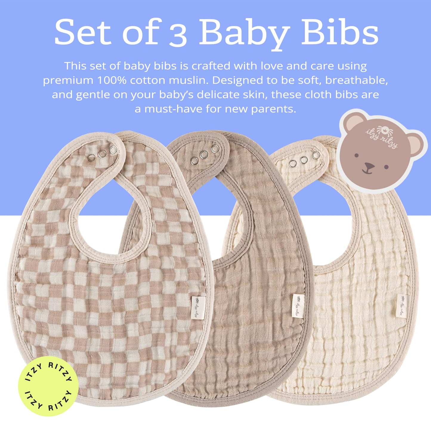 Itzy Ritzy baby bibs showing adjustable snap closure mechanism