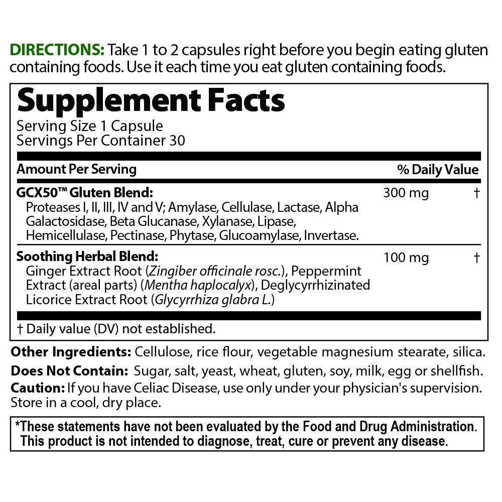 Side angle of USA imported Gluten Cutter dietary supplement highlighting dairy and lactose digestive support benefits.