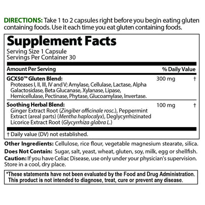 Side angle of USA imported Gluten Cutter dietary supplement highlighting dairy and lactose digestive support benefits.