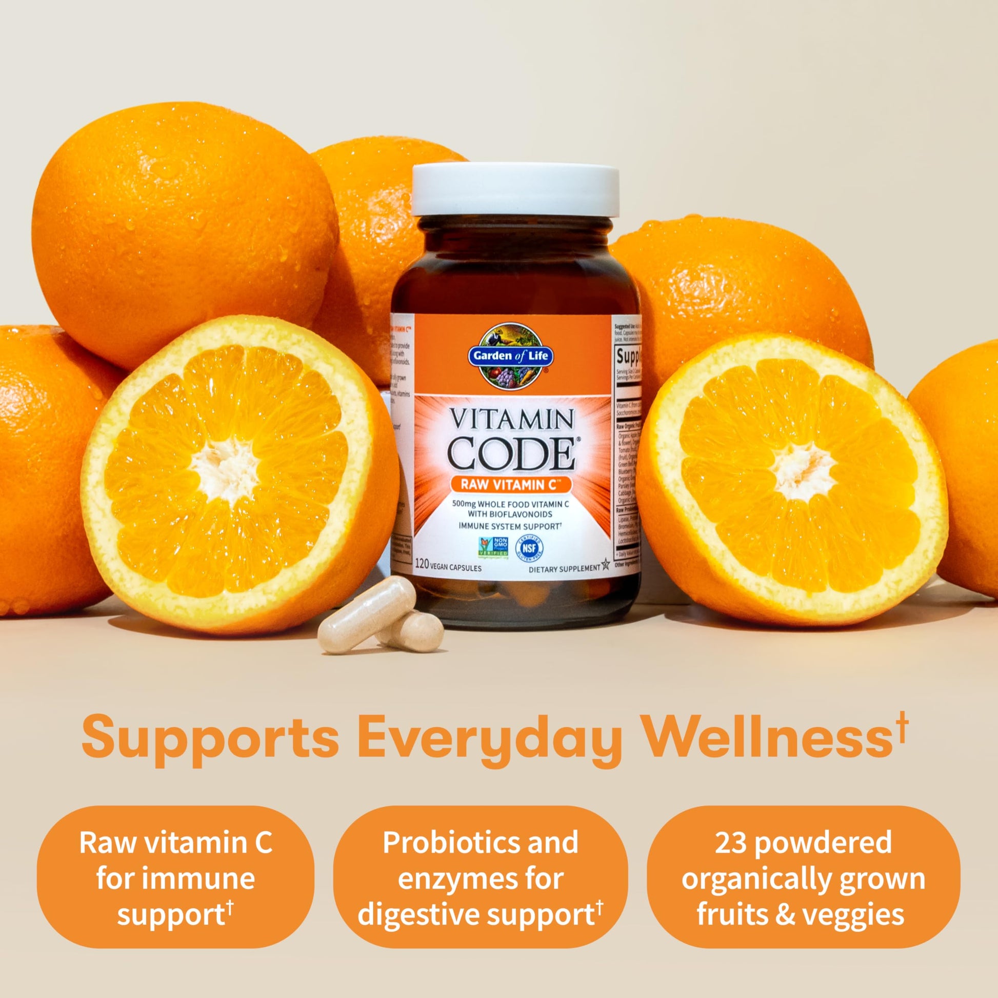 Supplement facts panel highlighting five hundred milligrams potency and organic fruit and vegetable blend ingredients