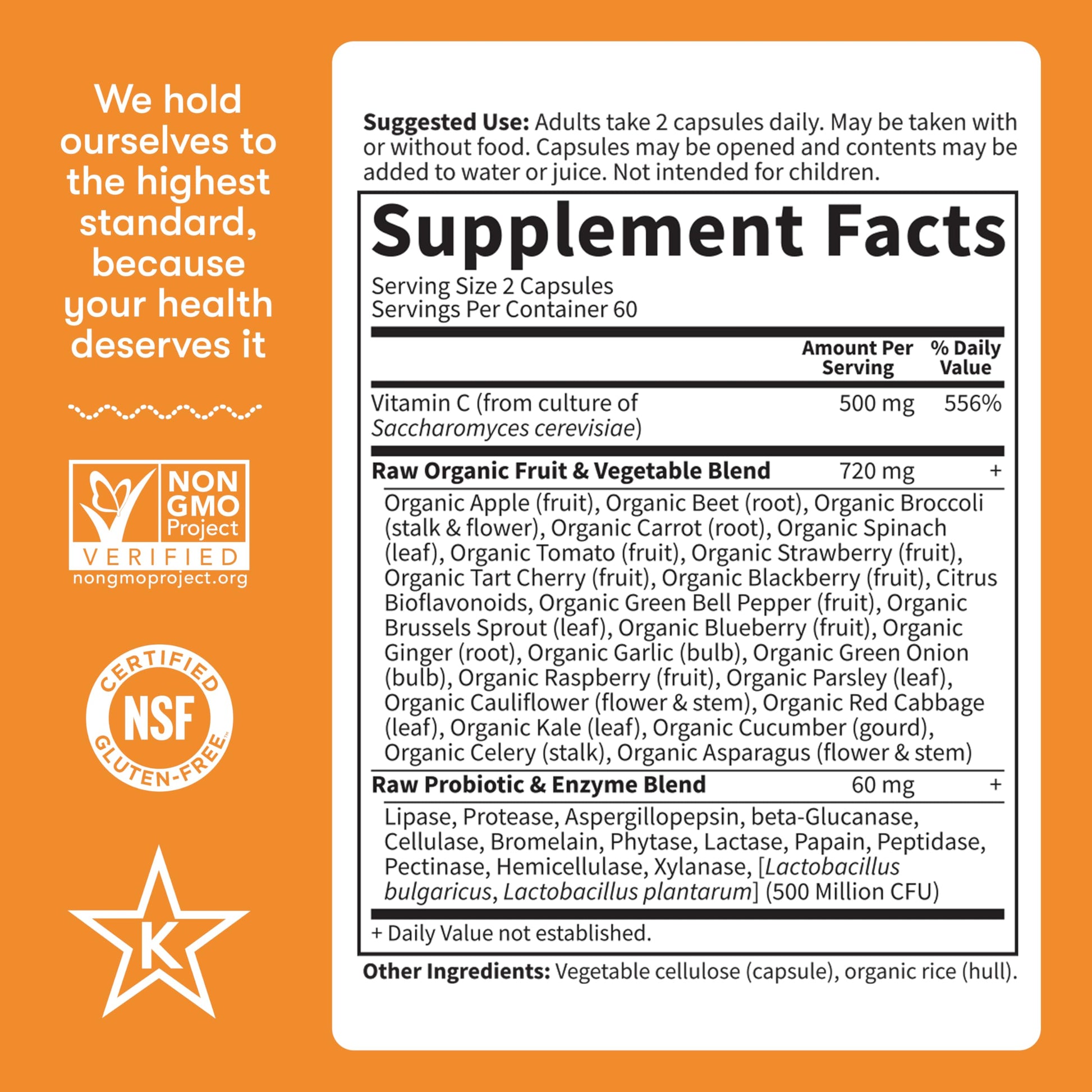 Back label details outlining raw probiotics and active digestive enzyme counts for comprehensive wellness support