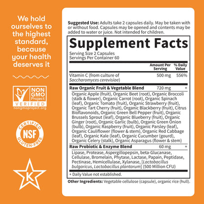 Back label details outlining raw probiotics and active digestive enzyme counts for comprehensive wellness support