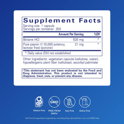 Pure Encapsulations stomach acid supplement showing supplement facts and ingredient list.