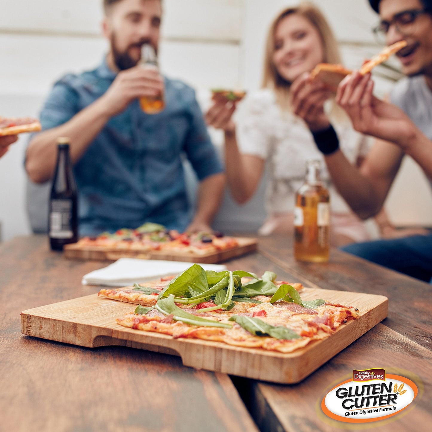 Close up of Gluten Cutter capsules highlighting fast acting digestive relief instructions for heavy grain meals.
