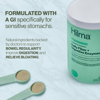 Hilma Daily Fiber plant-based supplement tub showing supplement facts and sensitive stomach formulation labels.