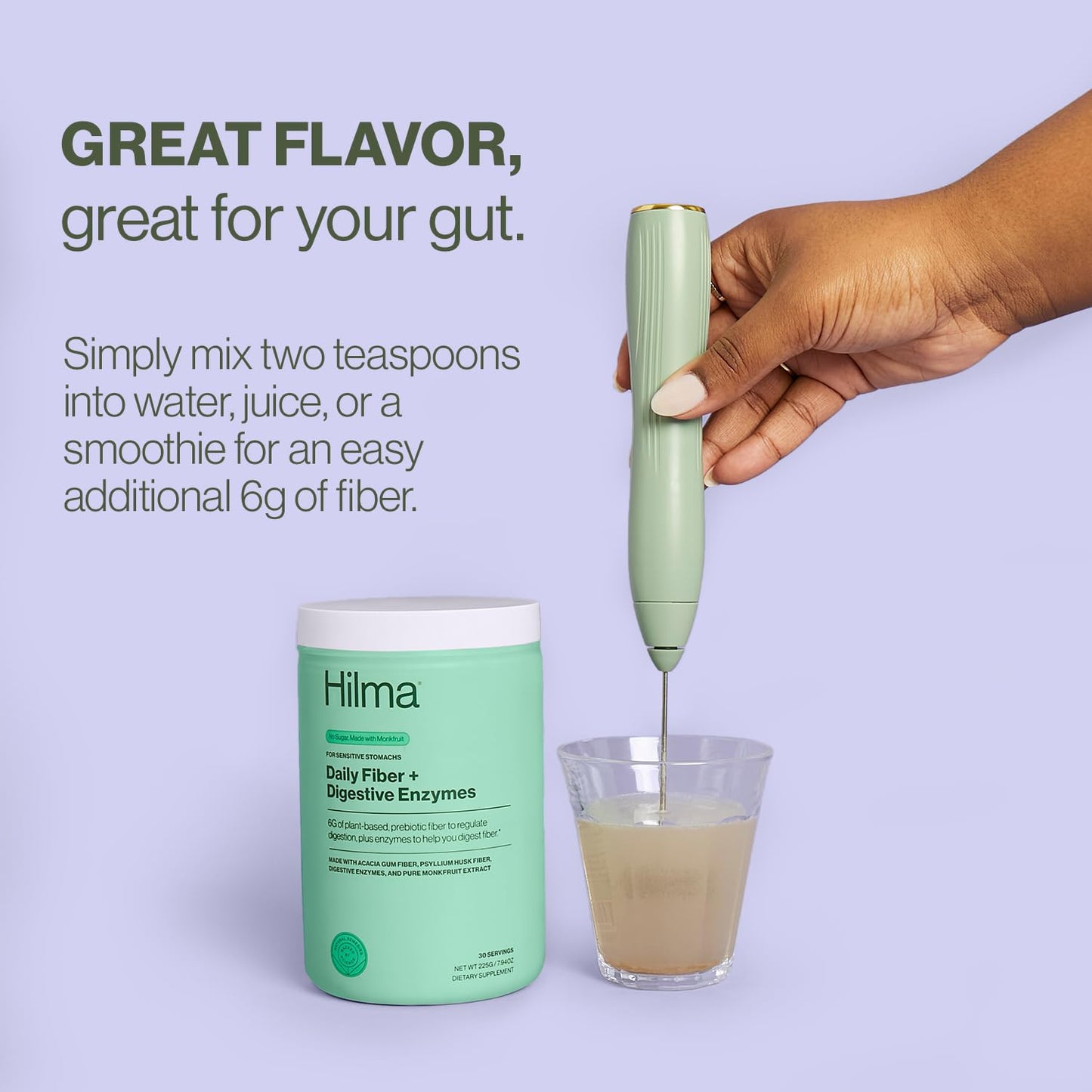 Side view of Hilma prebiotic fiber and enzyme powder highlighting the Clean Label Project certification logo.