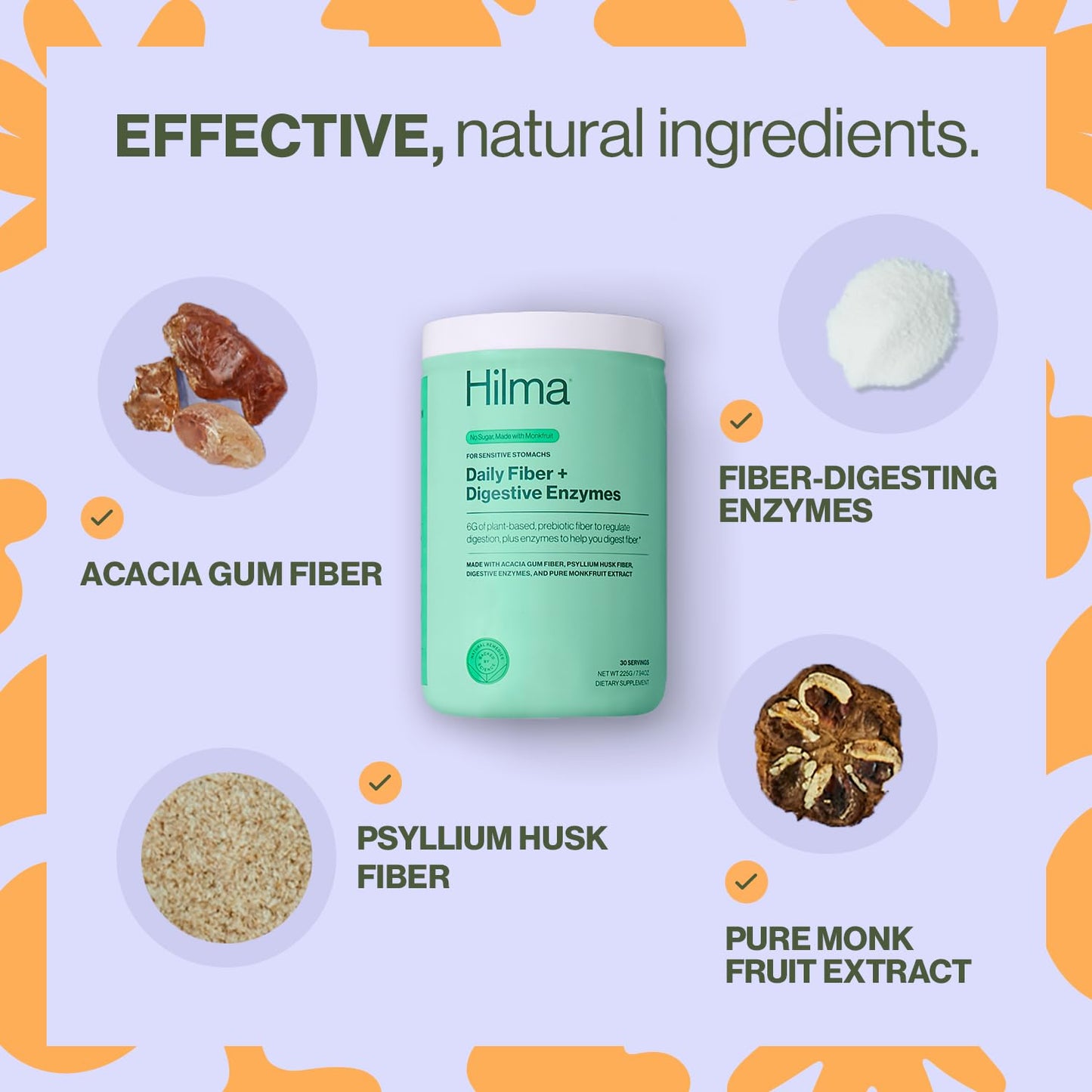 Close-up of the nutritional facts panel on the Hilma gut health supplement container.