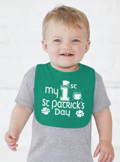 Close up of the soft green cotton fabric and screen printed St. Patrick's Day graphic.