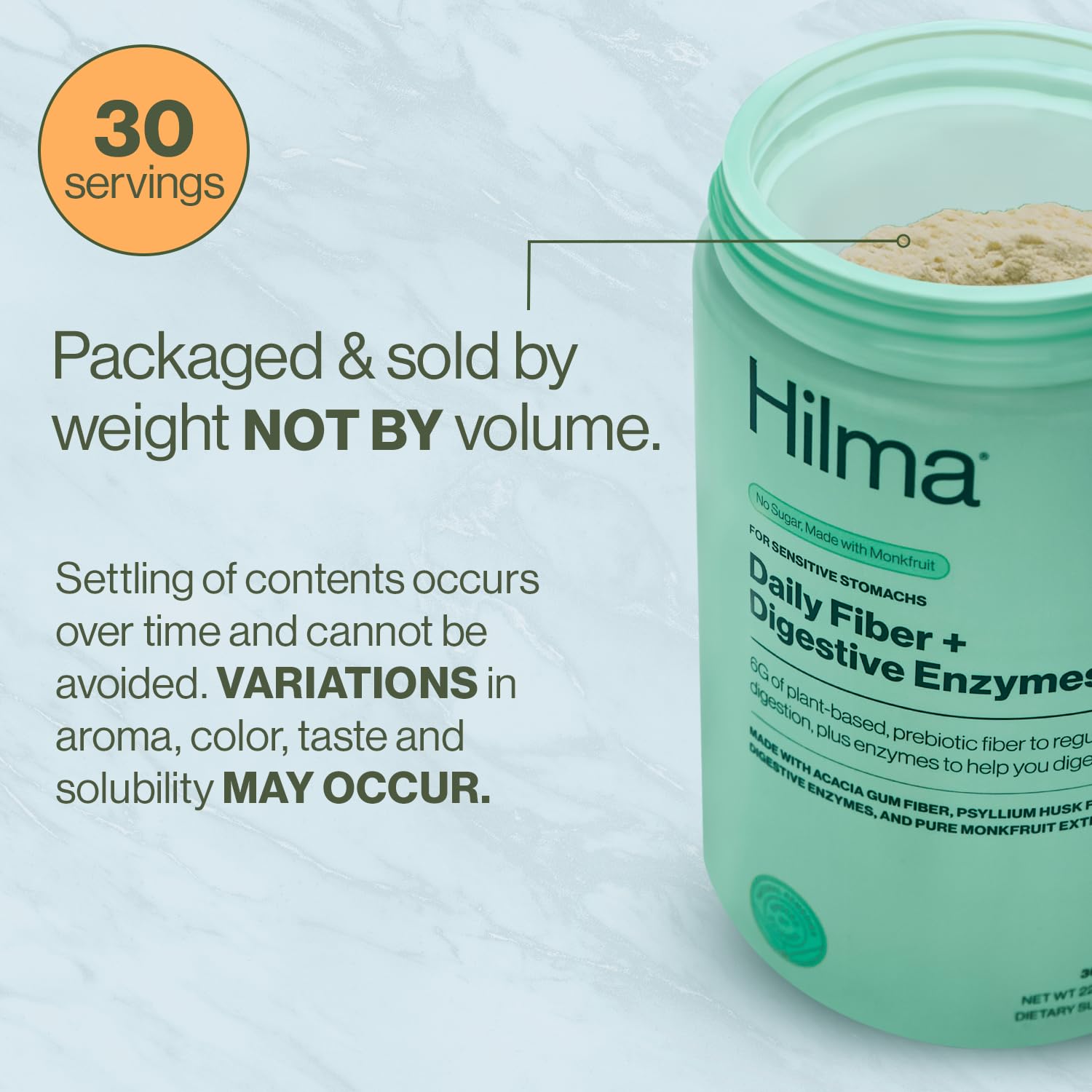 Top angle view of Hilma Daily Fiber packaging showing the secure safety seal and 30 servings container text.