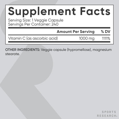 Sports Research Vitamin C bottle highlighting antioxidant defense and plant-based certification.