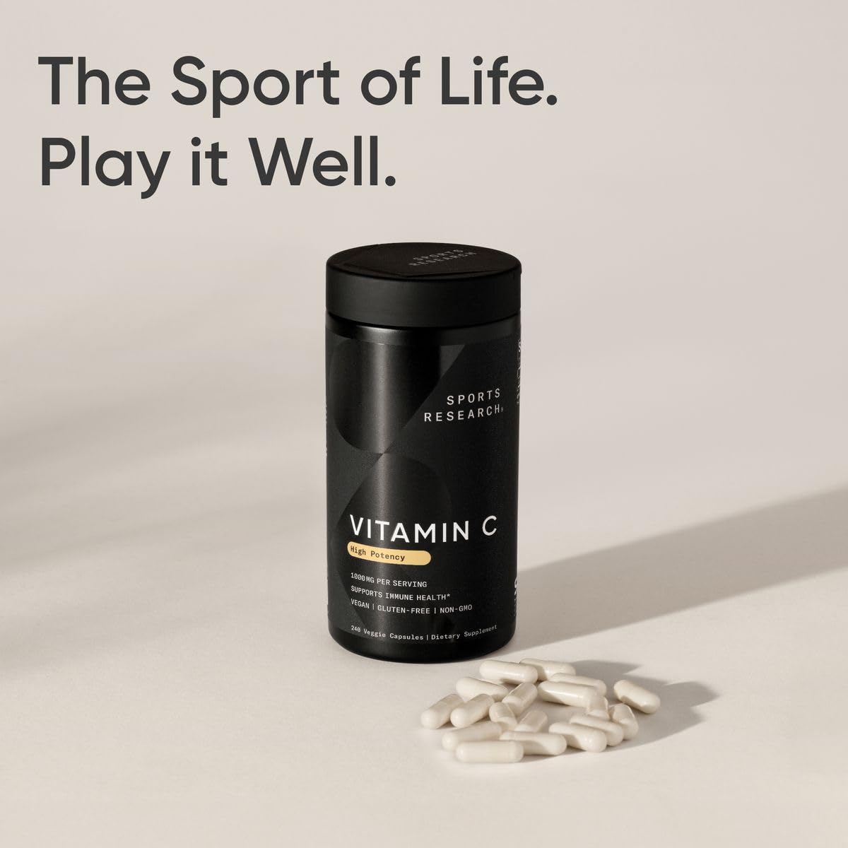 Close up of Sports Research family owned brand vitamin C 1000mg formulation details.